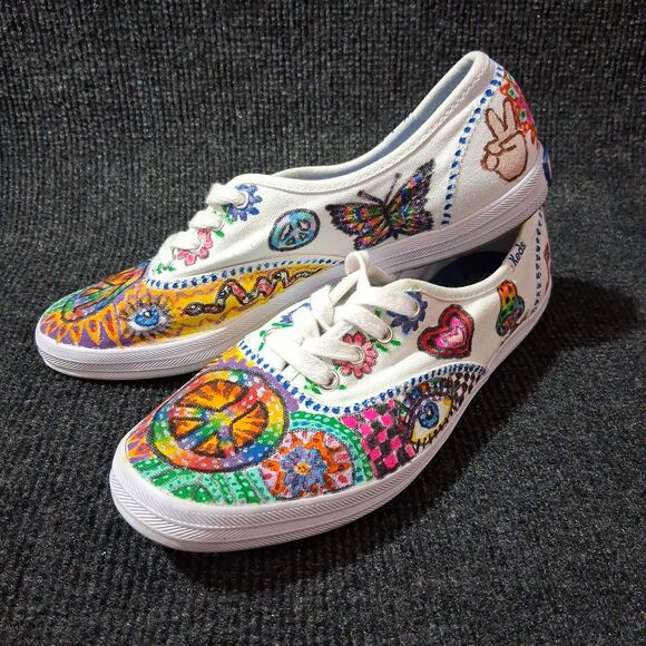 Keds Shoes - Unique Hand-Painted Keds Sneaker Art Peace Mushroom Floral Boho Hippie 8.5